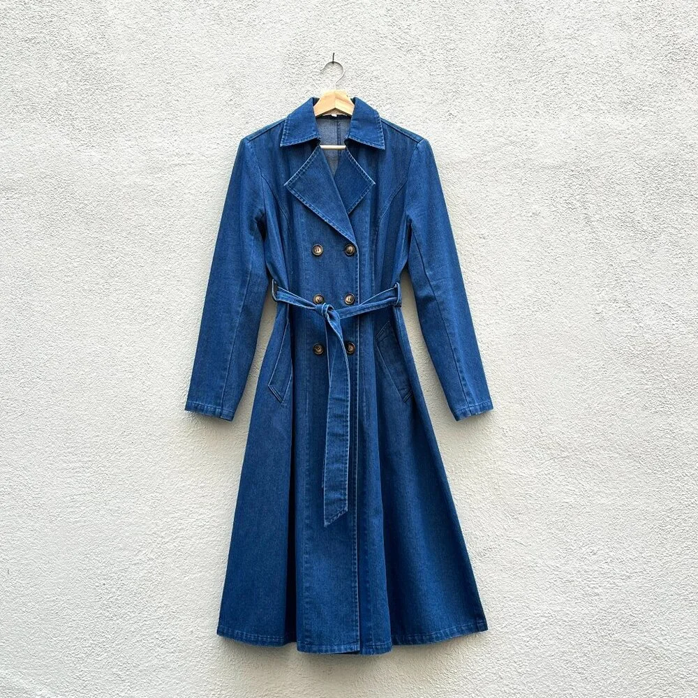 Women's Solitaire Blue Denim Belted Double Breasted Cotton Trench Coat Small - Picture 1 of 7